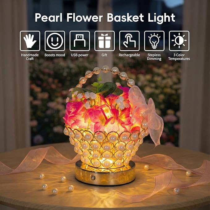 Portable Hydrangea Pearl-Handle Lamp – Cordless LED 3D-Printed Flower Light with 3-Color Touch Control, USB-C Rechargeable Table Centerpiece, Luxury Anniversary & Housewarming Gifts for Women