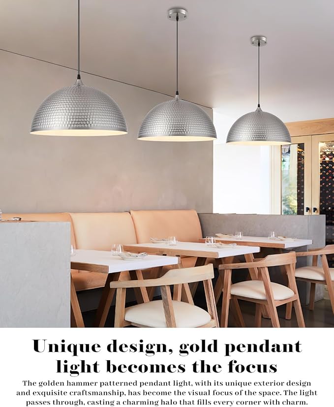 Brushed Nickel Pendant Light 16 inch, Hammered Large Dome Pendant Light, Industrial Farmhouse Pendant Lights Kitchen Island, Island Pendant Lights for Kitchen, Dining Room Living Room 2 Pack