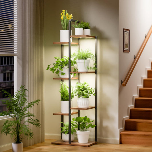 Qiaogreen Plant Stand Indoor with Grow Lights - 50" Metal Flower Pot Stands for Multiple Plants - 7 Tiered Tall Plant Stands, Corner Plant Shelf for Living Room Home Gardening Decor (Black)
