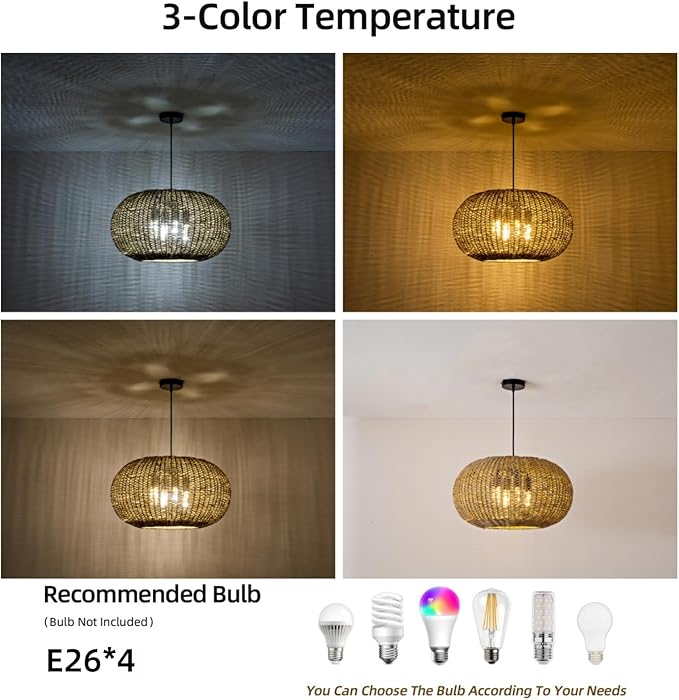 22.83in Large Rattan Chandelier Boho Wicker Hand Woven Pendant Light Farmhouse Ceiling Hanging Lighting Fixture for Living Room Kitchen Island Dining Room Hallway, 4-Lights