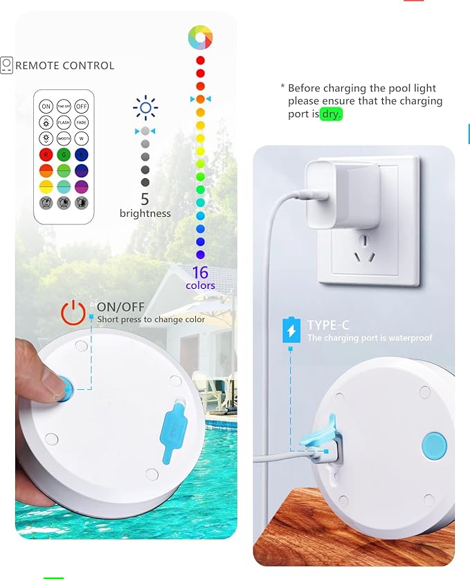SUNDISC 3000mAh Rechargeable Submersible Pool Lights, IP68 Waterproof Underwater Charging Battery Operated Controlled 16 Color Changing LED with Magnet Floating Lights 1 Pack