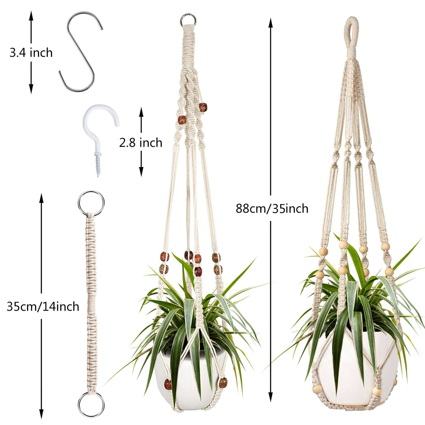 Augshy Macrame Plant Hanger, 2Pcs Hanging Plant Holder with Extender Plant Hangers for Indoor Outdoor Decor Macrame Hanging Planter Basket with 4 Hooks