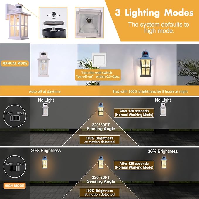 Outdoor Motion Sensor Light, Black Exterior Wall Lighting Fixtures,Dusk to Dawn Motion Sensor Outdoor Lights, Waterproof Front Porch Light Lantern for Garage, Patio. (White, 1 Pack)