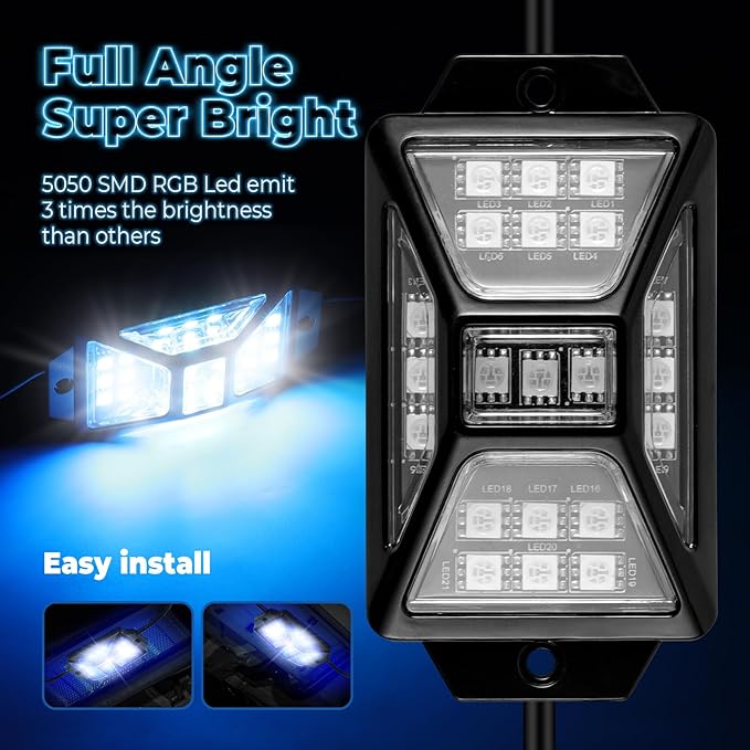 6 Pods Full Angle RGB Rock Lights Compatible with 12V Trucks Jeep UTV SUV ATV Boat Golf Cart, Waterproof Multi-Color, App/Remote Control Led Rock Lights with Music Mode