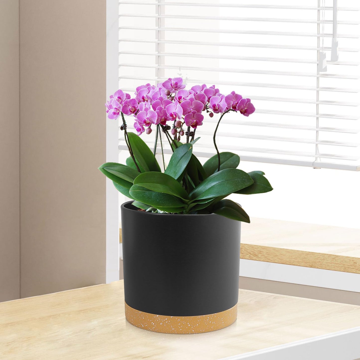 WSMKSZ 5 Pack Cylindrical Flower Pots with 7/6.5/6/5/4 inch, Modern Small Plastic Plant Pots with Drainage Holes & Saucers, Round Planter Pots for Outdoor, Indoor & Office Decor (Black Brown)