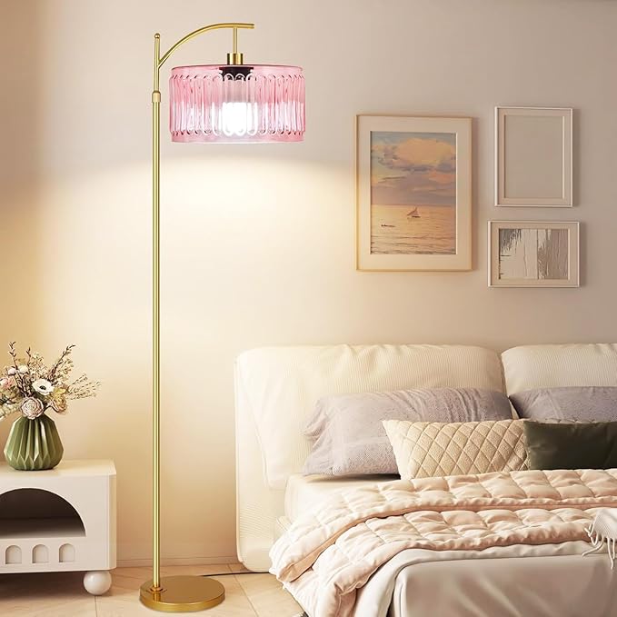 Pink Floor Lamp for Living Room,Bedroom,Gold Dimmable Standing Lamp with Remote,Mid Century Modern Brass Tall Lamp Boho Floor Lamps Arc Stained Glass Flower Floor Light Lamp Girls kids Bohemian