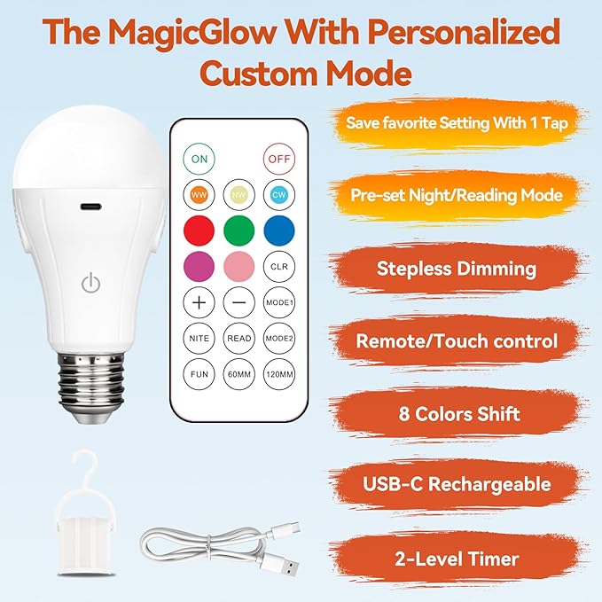 Neporal E26 Rechargeable Light Bulb with Remote Timer and Memory Mode, Touch Control Dimmable Battery Operated Bulb for Non-Hardwired Fixture, Wall Sconce, Lamp, USB Rechargeable, A19