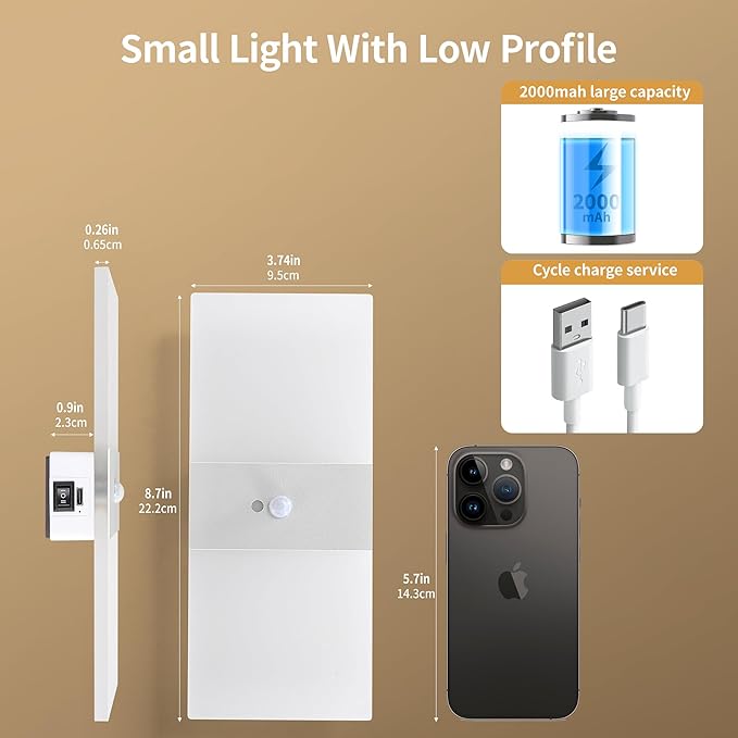 Motion Sensor Rechargeable Light, White LED Closet Light with USB-C Charging, Magnetic Mount, Auto On/Off for Hallway, Bathroom, Pantry, Under Cabinet, Battery Operated