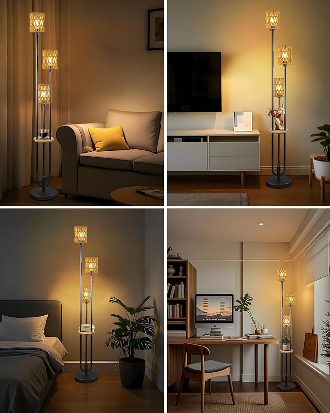 Lightdot Dimmable Boho Floor Lamps for Living Room, 3-Lights Rattan Floor Lamp with Shelves, 3000K Farmhouse Floor Lamp, Rustic Black Standing Lamp with Bulbs Included/Sofa Beside/Corner Decor