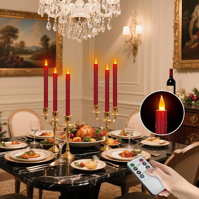 24 Pcs Flameless Taper Candles with Remote, 10" Burgundy Battery Operated Led Candlesticks with Flickering 3D Flame, Fake Taper Candles for Christmas Thanksgiving Wedding Home Décor