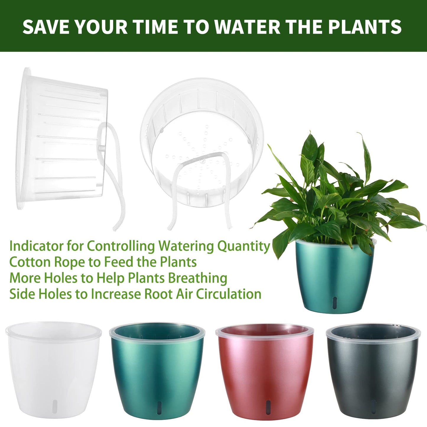 KvyusFlourish Self Watering Pots for Indoor Plants, 12-Pack 5'' Self Watering Planter with Drainage Holes, Small African Violet Pots with Water Indicator, Clear Wick Pot, White/Black/Blue/Rose Gold
