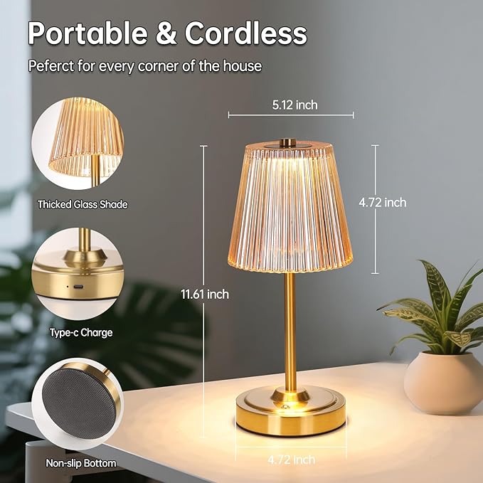 Cordless Touch Table Lamp with 5200mAh Battery - 3 Adjustable Color Temperatures & Dimmable, Rechargeable Desk Lamp for Bedroom, Living Room, Office, Entryway, Bookshelves (Amber Stripe)