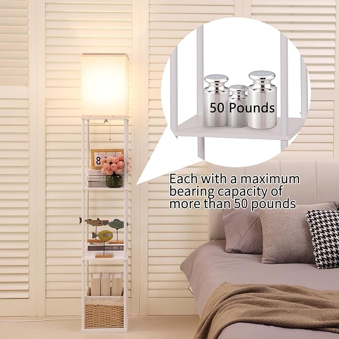 Floor Lamp with Shelves, Modern Square Standing Lamp with 3 Color Temperature Bulb, Corner Display Bookshelf Lamp for Living Room, Bedroom and Office（White）