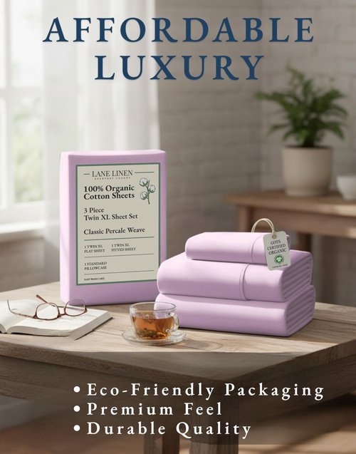 LANE LINEN 100% Organic Cotton Sustainably Produced Extra Large Twin Sheets for Hospital Bed, Fully Elasticized Reinforsed Seams, Machine Washable Deep Pocket Twin XL Bedding- Orchid Petal