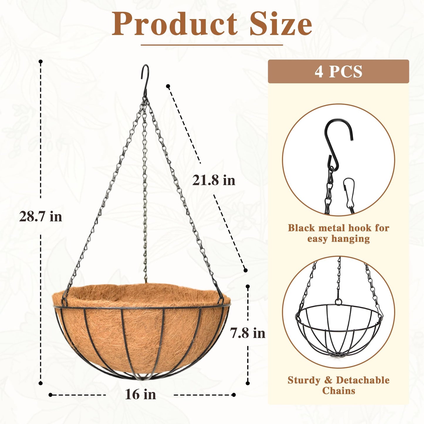 4 Pack Hanging Planter for Outdoor Plants 16 inch Metal Hanging Flower Basket with Coco Coir Liner Round Wire Plant Holder Chain Flower Pots Outdoor Garden Decoration Watering Hanging Baskets(XG)