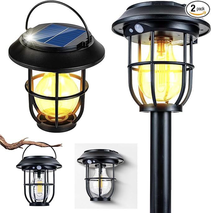 Solar Pathway Lights Outdoor Motion Sensor 2 Pack, 3 Lighting Mode, 3-in-1 In-ground/Wall Mount/Hanging, Auto On/Off Waterproof Warm Solar Lantern for Yard Lawn Patio Garden Landscape Walkway Driveway