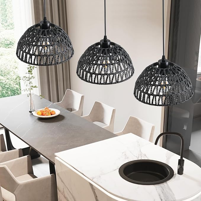 3 Pack Woven Pendant Light Fixtures,10.2" Black Rattan Pendant Lights Farmhouse Basket Light Fixture Adjustable Boho Hanging Lamp for Kitchen Island Bedroom Dining Room Foyer Hallway