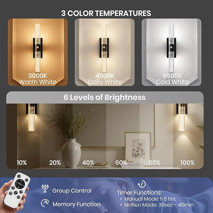 Motion Sensor Wall Sconces Battery Operated Set of 2, Rechargeable Wall Sconce, 3CCT Battery Wall Sconce, 12000mAh Dimmable with Remote for Bedroom, Living room, Hallway (15.3 inch - Black - 2 Pack)