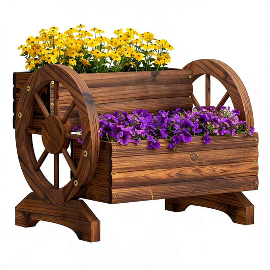 Wooden Wagon Planter Flower Cart with Wheels Garden Box Garden Planter, Decorative Planter for Flowers Herbs Vegetables for Indoor & Outdoor Décor Flower Cart for Patio Garden Balcony (Carbonized)