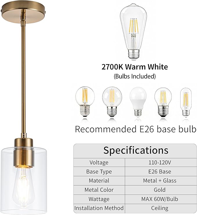 MAYNA 1-Pack Brushed Brass Drop Light, Modern Mid Century Cylinder Pendant with Bulb, Adjustable Rods Gold Finish Ceiling Lamp for Bedroom, Living Room Corner