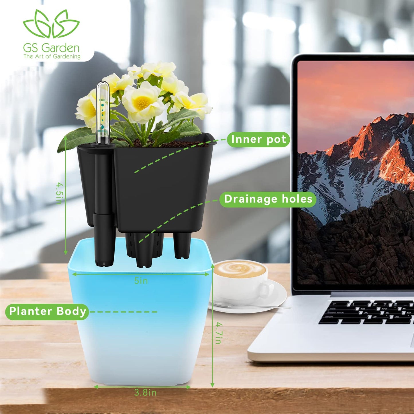 GS Garden Self Watering Planters for Indoor Plants, 5.2 Inch 3 Pack Square Plastic Plant Pots with Water Level Indicator & Drainage System for African Violet Herbs Succulents - Gradient Blue