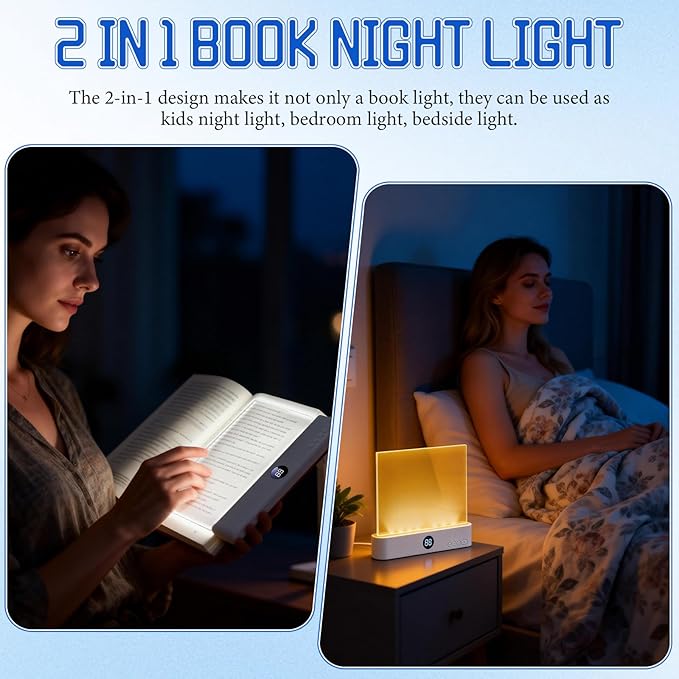 Flat Book Light, Rechargeable Clear LED Flat Reading Light with 3 Colors & Timer, Dimmable Panel Plate Book Lamp Full Page Light, Eye Protection, Book Lights for Reading at Night (White)