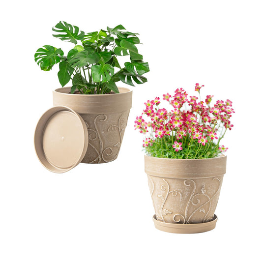 Melphoe Plant Pots Indoor with Drainage & Saucer, 2Pack 7 inch Flower Pots Outdoor Planters for Indoor Plants Garden Home Decor Cactus Succulent, Rigid Plastic (Imitation-Terracotta) Vine-Embossed