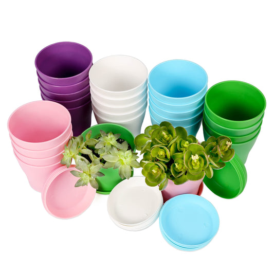 TDHDIKE 10 Pcs Plastic Planters Indoor Flower Plant Pots, Mini Flower Seedlings Nursery Pot/Planter/Flower Pot with Pallet, Modern Decorative Gardening Containers (5color 25)