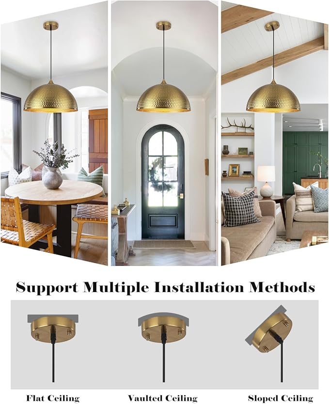 Gold Pendant Light 16 inch, Hammered Large Dome Pendant Light, Industrial Farmhouse Pendant Lights Kitchen Island, Gold Island Pendant Lights for Kitchen, Dining Room Living Room 1 Pack