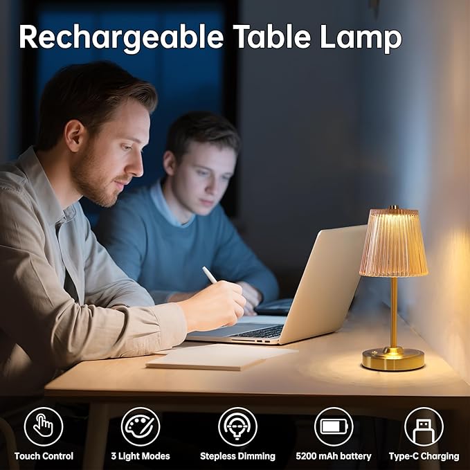 Cordless Touch Table Lamp with 5200mAh Battery - 3 Adjustable Color Temperatures & Dimmable, Rechargeable Desk Lamp for Bedroom, Living Room, Office, Entryway, Bookshelves (Amber Stripe)