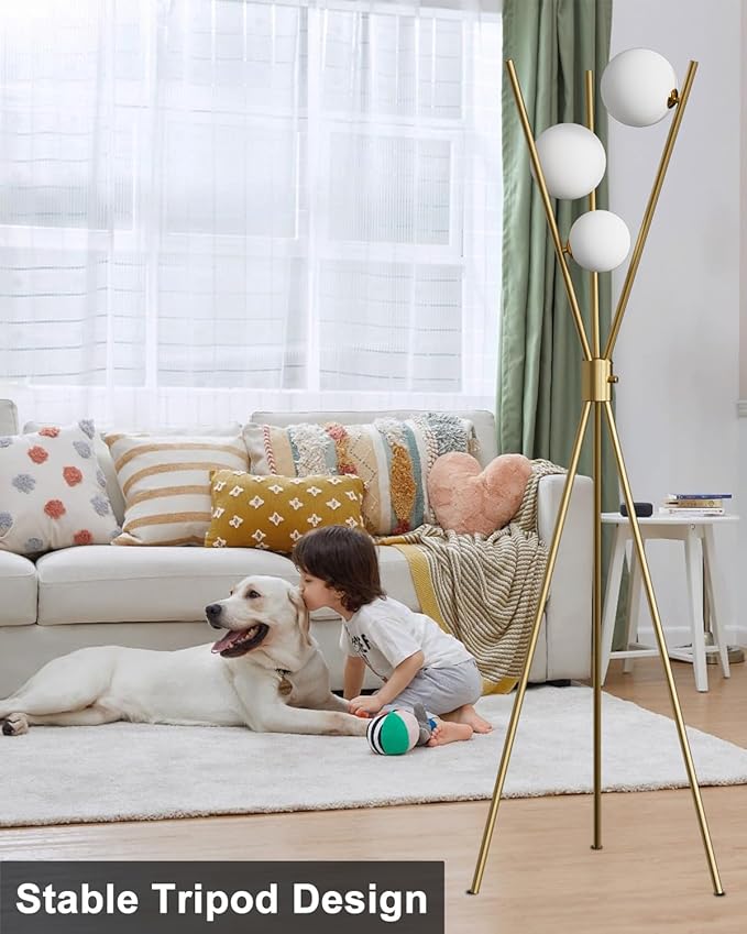 Lightdot Tripod Floor Lamp Stepless Dimmable Globe Modern Floor Lamp Gold Standing Lamps with Stable Base& 3PCS 3000K Bulbs Included Mid Century Floor Lamps for Living Room/Sofa Beside/Corner Decor