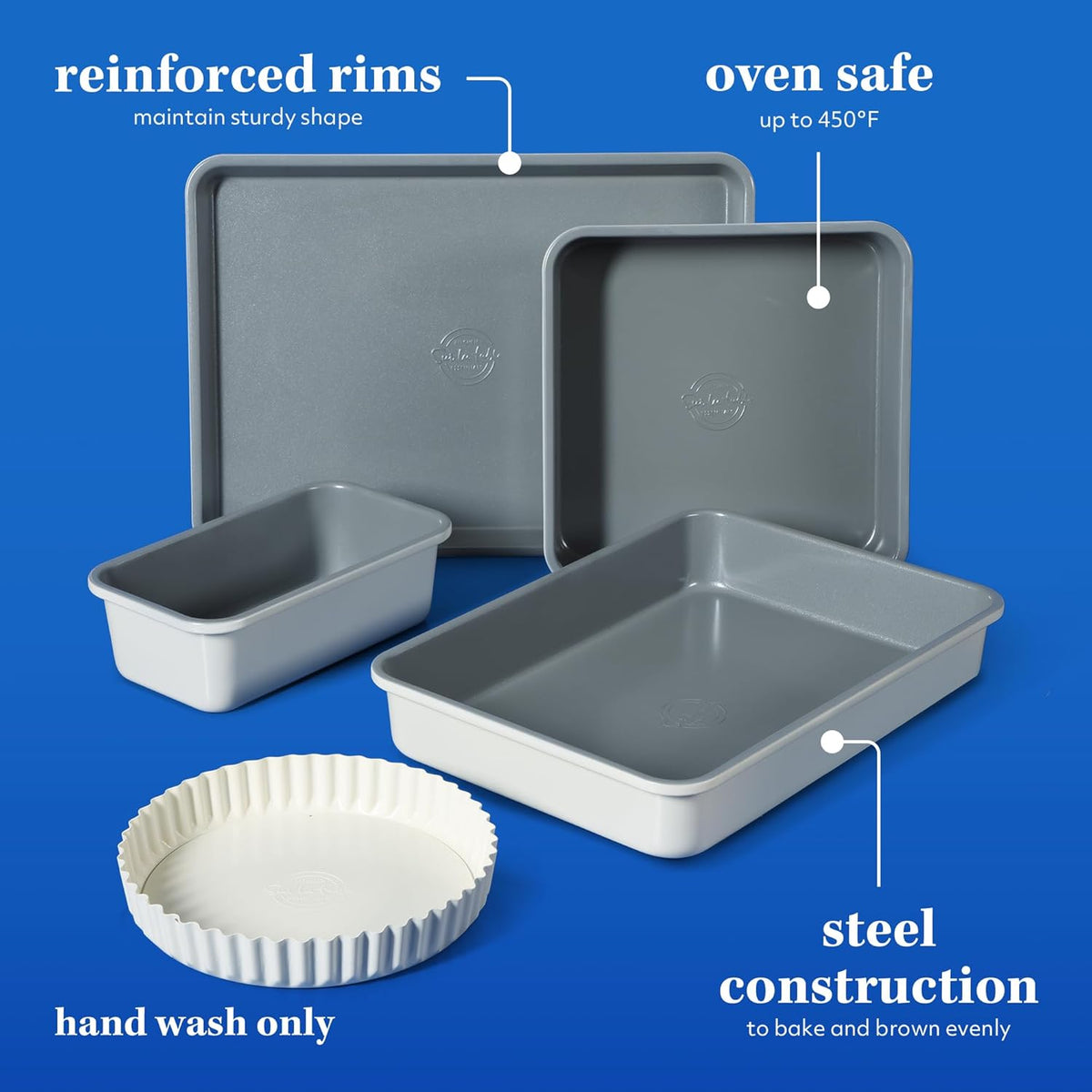 Sur La Table Carbon Steel Baking Pans Set - Premium Non-Stick, PFOA Free, Grey with Linen White Exterior