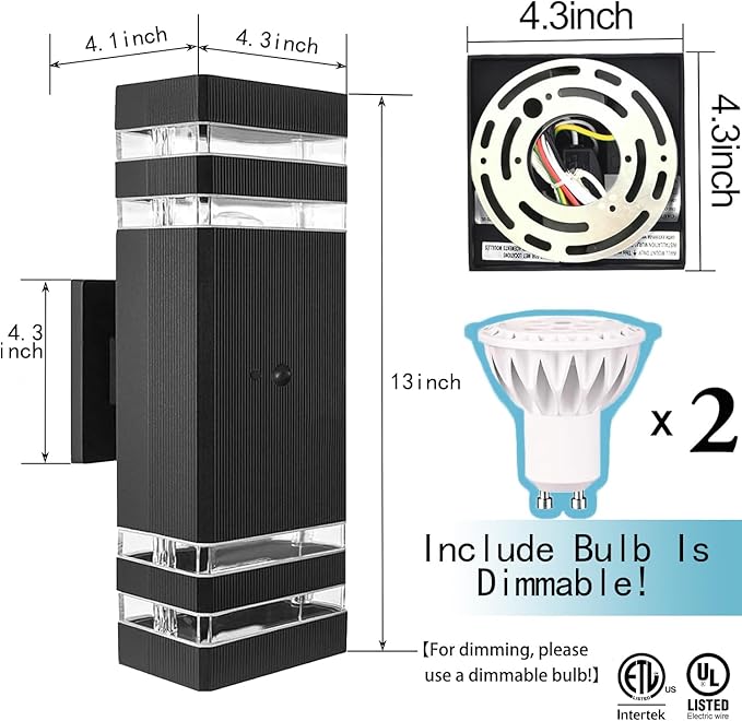 Motion Sensor Outdoor Wall Lights, Dusk to Dawn Up and Down Sconce, Black Aluminum Exterior Light Fixtures with GU10 LED Bulbs, Waterproof Modern Porch Lights for House Garage Garden, ETL Listed