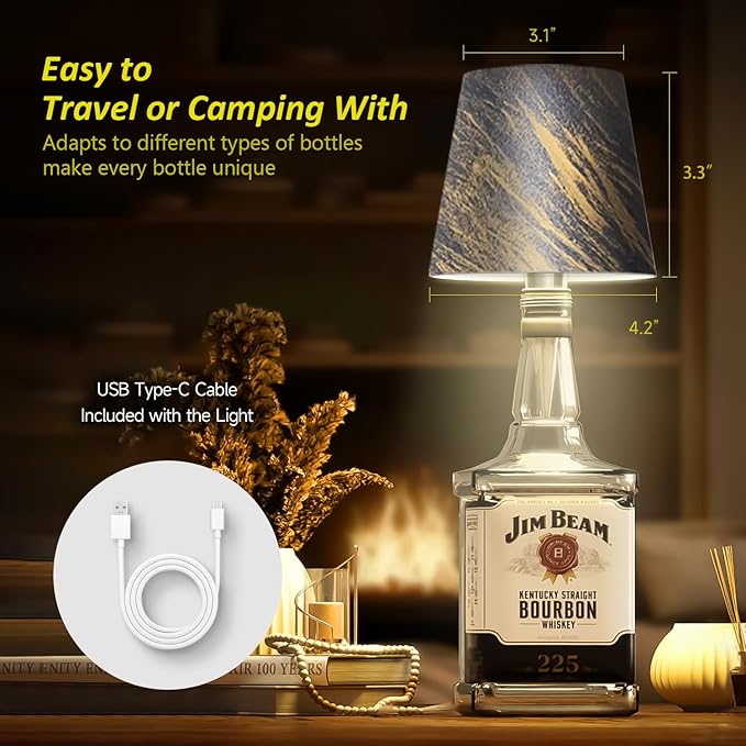 2025 New Wireless Bottle Lamp - LED Bottle Lights for Liquor & Wine Bottles, Cordless Lampshade, Whiskey Bottle Top Light, Bottle Stopper Night Light Kit, Rechargeable 3-Tone Touch-Dimmable