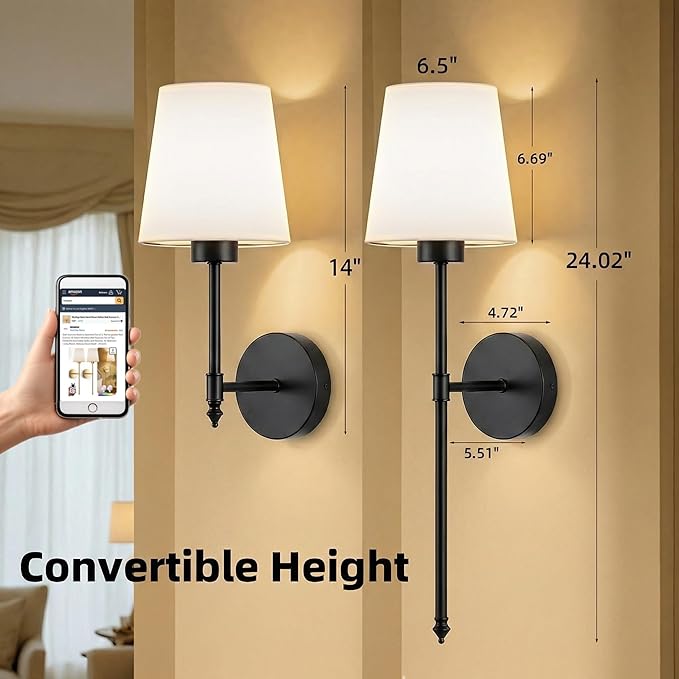 Wall Sconces Battery Operated Set of 2, Rechargeable Wall Sconce, 10 Colors Wireless Wall Sconces Set of Two, 5200mAh Dimmable Bulbs and Remote, for Bedroom Living Room, Hallway Decor (Black- 24 inch)