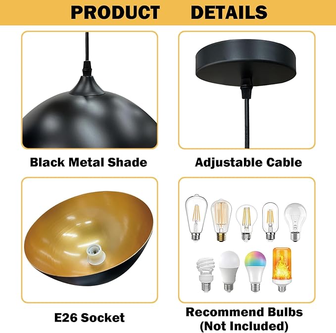 takor 2 Pack Metal Pendant Light Fixtures, Rustic Ceiling Lights, Industrial Adjustable Hanging Lamp with E26 Base, Farmhouse Pendant Lighting for Kitchen Island, Bedroom, Black(Bulb Not Included)