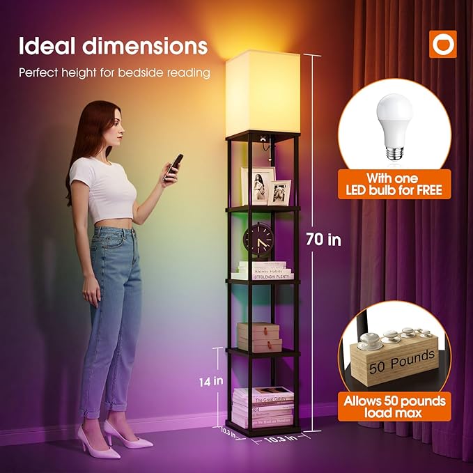 addlon 5-Tier Floor Lamp with Shelves, Modern Shelf Lamp with RGB Smart Bulb, APP Control Standing Lamp with White Lamp Shade, Floor lamp for Living Room, Bedroom (70'' H, Black)