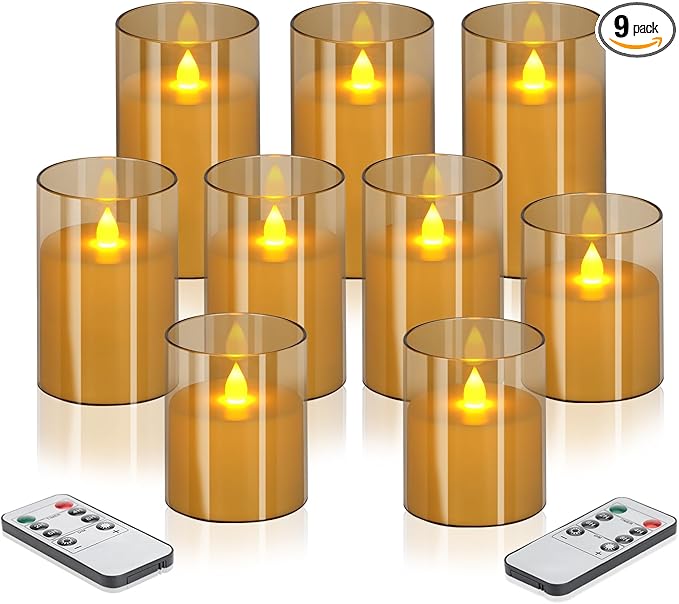 Flameless Candles 4" 5" 6" Set of 9 Acrylic Glass Pillars 3" Diameter Battery Operated Flickering Candles Include 8-Key Remote with Timer Function 400+ Hours (Amber, 9 Pack)