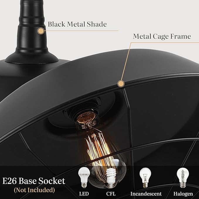 Black Farmhouse Pendant Light, 18.1 Inch Large Pendant Lights Kitchen Island, Industrial Pendant Light with Wire Cage, Barn Light 2 Pack, Island Pendant Lights for Kitchen Barn Dining Room