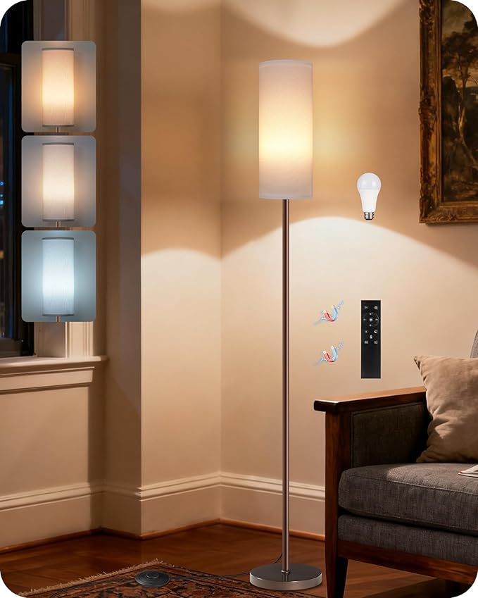 Dimmable Floor Lamps for Living Room with Remote and Foot Switch, 64.4” Modern Standing Tall Lamp, Corner Lamp for Bedroom, Bulb Included, 3000K-6500K, White and Brown VCW06LD05W1