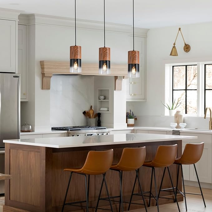 3-Pack Modern Pendant Lights for Kitchen Island, Adjustable Black Pendant Light Fixtures with Brown Wood Grain, Industrial Glass Pendant Lights for Dining Table Hallway Bedroom Living Room