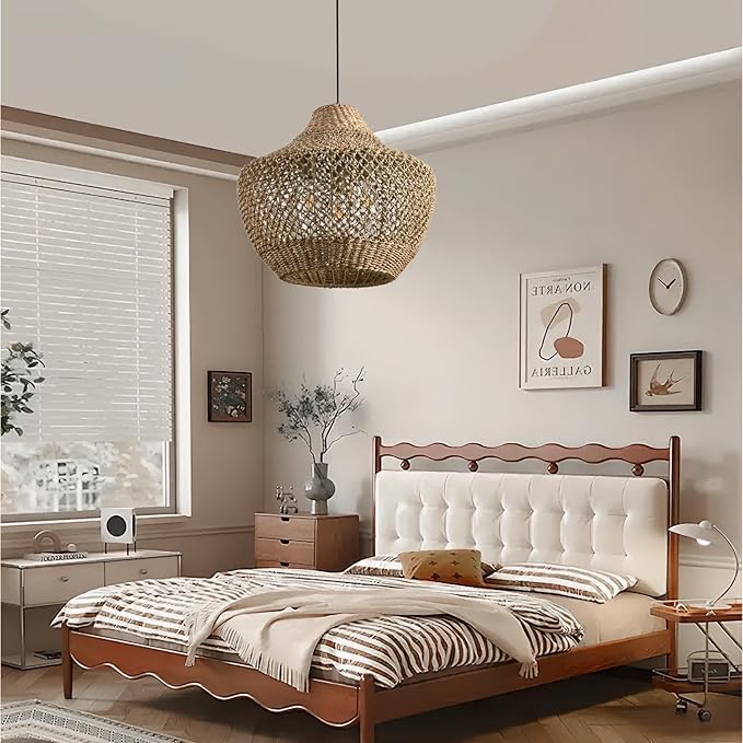 18.9" Rattan Pendant Light Fixtures,Boho Rattan Pendant Light 3-Light Hand Woven Seagrass Chandelier for Workplace Occasions Restaurants Dining Living Bedroom Kitchen Farmhouse