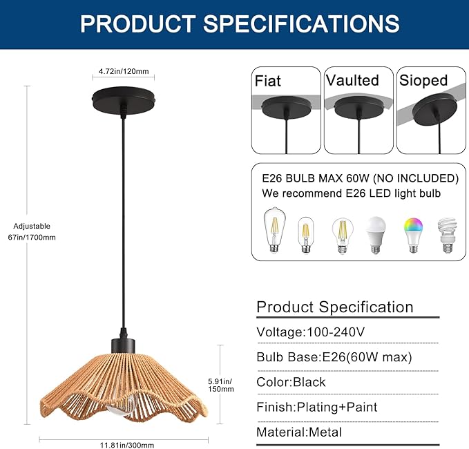 3 Pack Brown Woven Pendant Light Fixtures,11.81" Rattan Pendant Lights Farmhouse Basket Light Fixture Adjustable Boho Hanging Lamp for Kitchen Island Bedroom Dining Room Foyer Hallway