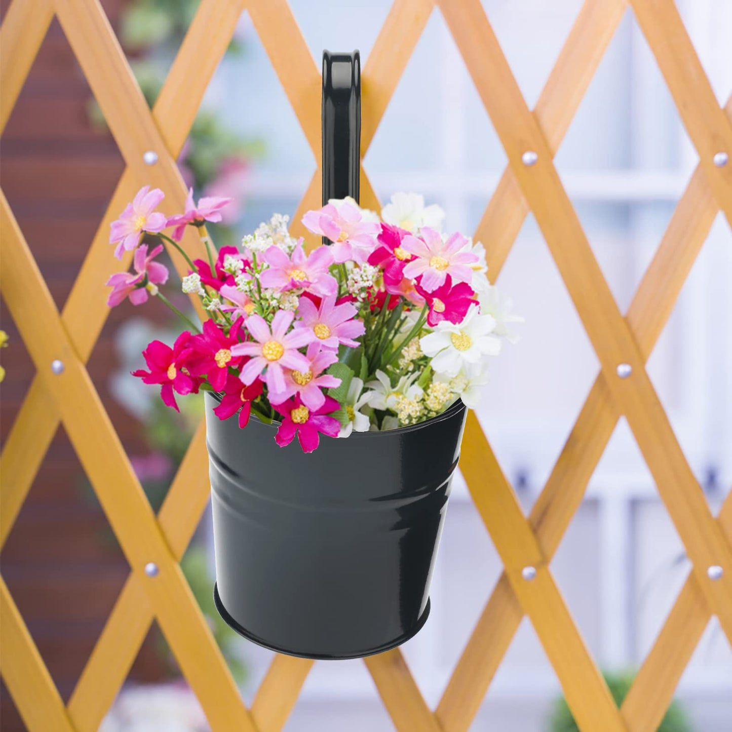 KINGLAKE Flower Pots,10 Pcs Metal Iron Hanging Flower Plant Pots Balcony Garden Plant Planter Baskets Fence Bucket Pot 4'' Flower Holders with Detachable Hook Black