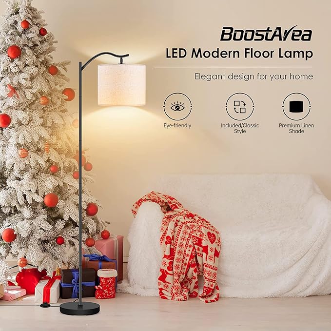 BoostArea Floor Lamp for Living Room,LED Arched Floor Lamps, Tall Modern Standing Lamp with Beige Linen Shade,Footswitch,Mid Century Floor Lamp for Bedrooms,Study Room,Office