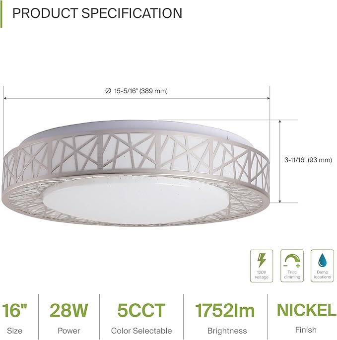 ASD 16 Inch LED Flush Mount Ceiling Light Fixture for Bedroom, 28W 1752LM 5CCT 2700K-5000K, Triac Dimmable Lights, Dining, Living Room, Kitchen Lamps, Modern Home Lighting Fixtures, Nickel, ETL