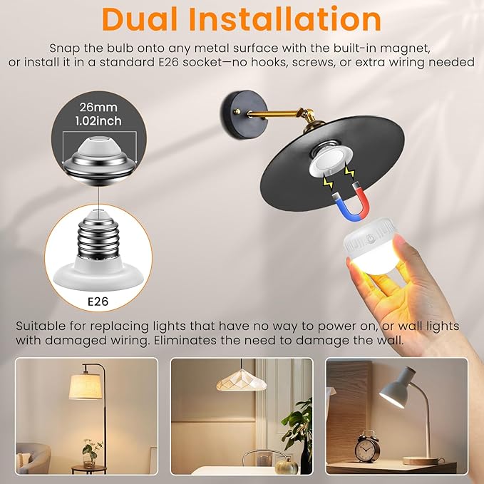 SCOPOW 1PC Rechargeable Light Bulbs with Remote Control Timer and 3 Color Temperature Rechargeable Battery Operated Light Bulb (5W+E26+3Colors+1PC)