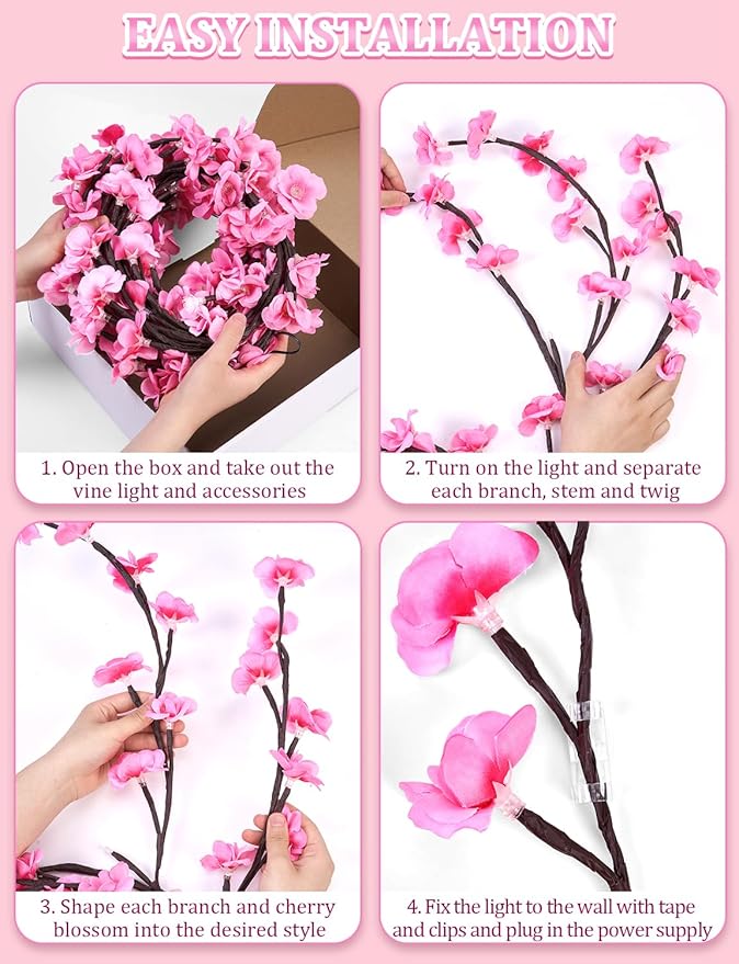 Cherry Blossom Lights for Bedroom Wall Decorations,4 FT 48 LED Cherry Blossom Decor,2026 New Dimmable Light-Up Pink Bedroom Decor with Remote Timer,8 Lighting Modes,Romantic Gifts for Her