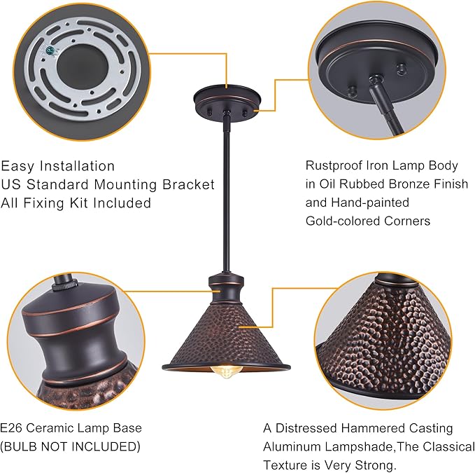 Pendant Light (2 Packs), Kitchen Lights Ceiling Hanging,Oil-Rubbed Bronze Finish, Farmhouse Lighting for Kitchen Island Room,Vintage Hammered Textured Aluminum Shade, Height Adjustable