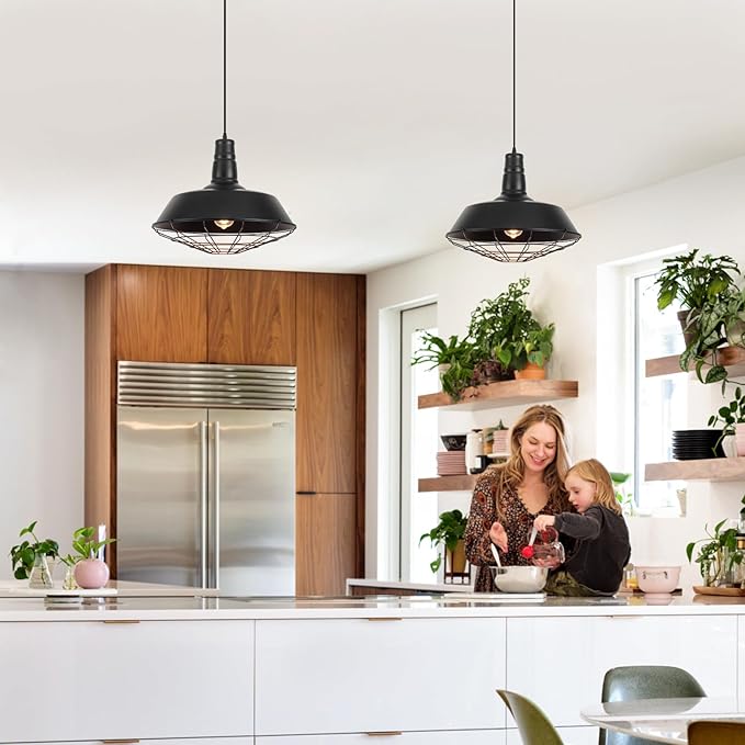 Black Farmhouse Pendant Light, 18.1 Inch Large Pendant Lights Kitchen Island, Industrial Pendant Light with Wire Cage, Barn Light 1 Pack, Island Pendant Lights for Kitchen Barn Dining Room